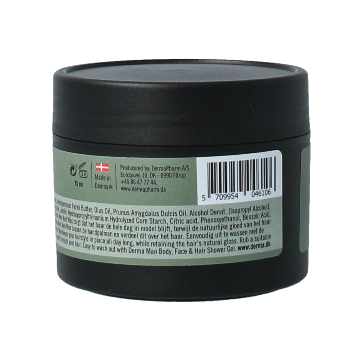 Derma Man mud wax for hair styling, 75ml jar with natural, textured appearance, showcasing the product's packaging and consistency.