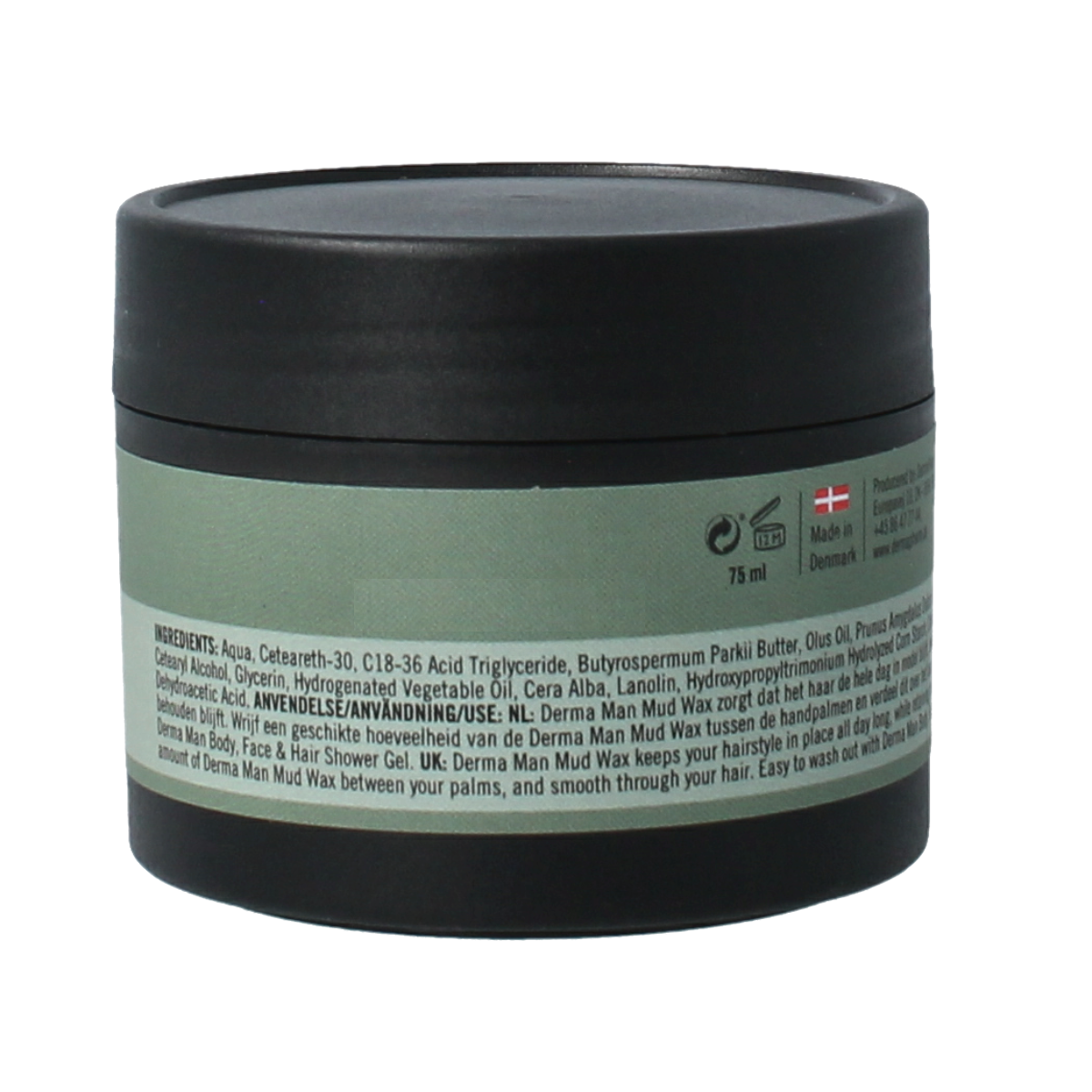 Derma Man mud wax hair styling product in 75ml container, featuring a natural, textured look for styled hair.