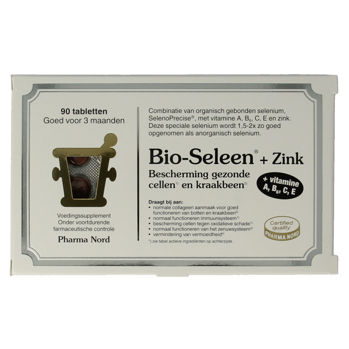 Pharma Nord Bio Seleen & Zink mineral supplement tablets, 90 count, showing tablets in a clear container with label details.