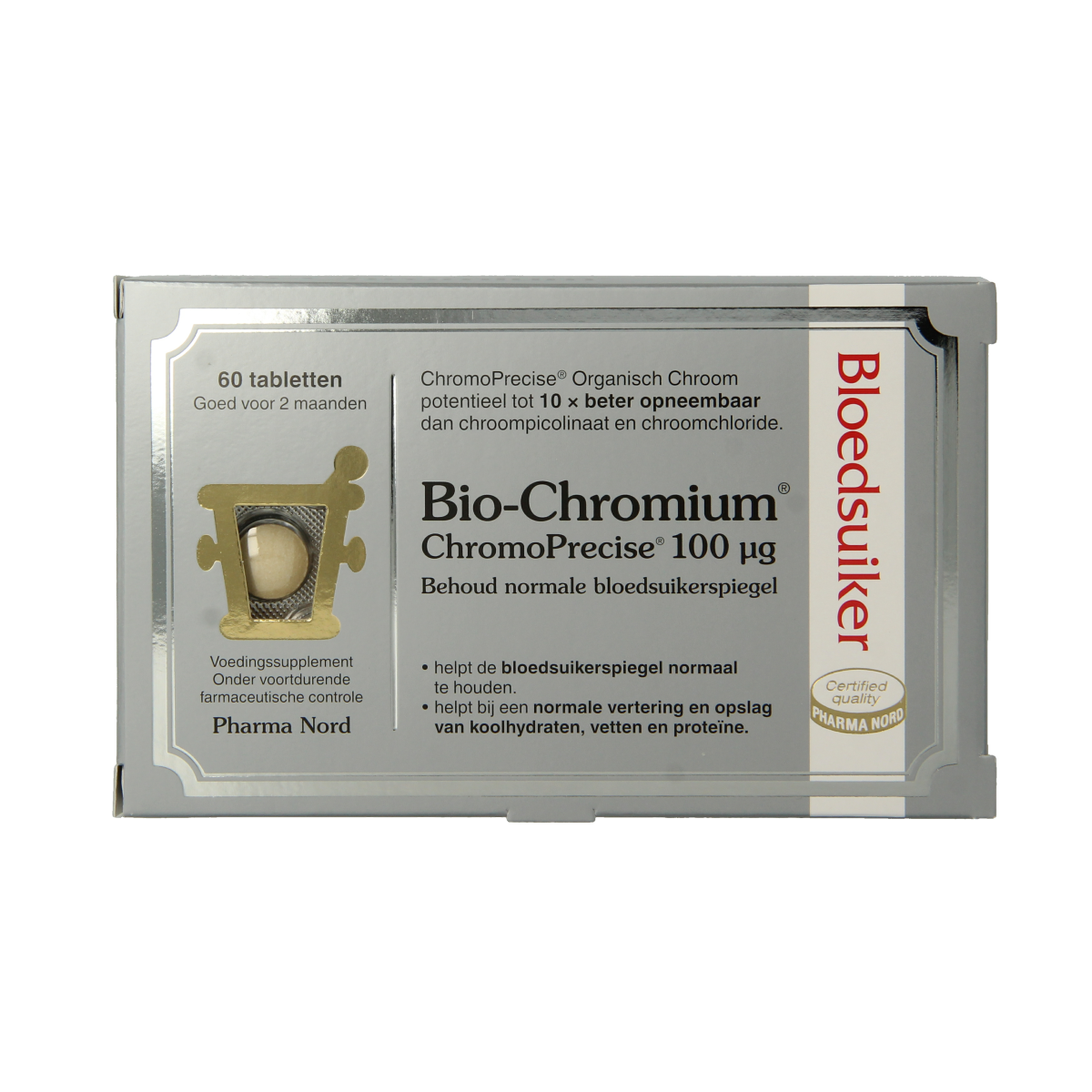 Pharma Nord Bio Chromium mineral supplement in a bottle of 60 tablets, designed to support blood sugar regulation.