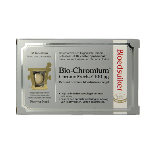 Pharma Nord Bio Chromium mineral supplement in a bottle of 60 tablets, designed to support blood sugar regulation.