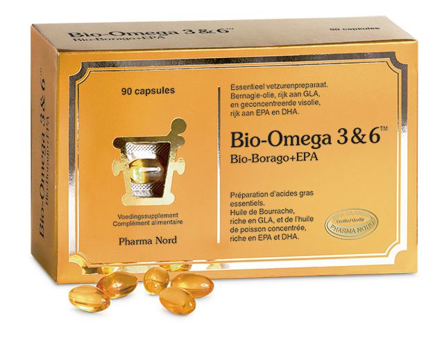 Pharma Nord Bio Omega 3 & 6 Vetzuren capsules lying in a row on a white background