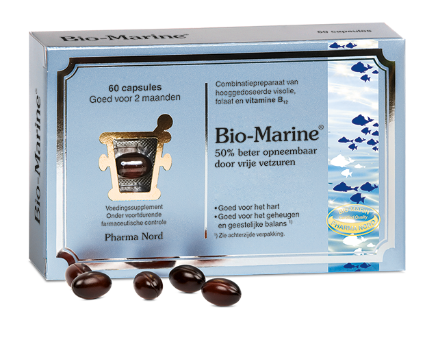 Pharma Nord Bio Marine Vetzuren capsules in a clear bottle with label, showing golden fish oil capsules inside.