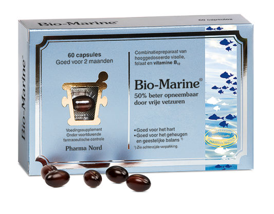 Pharma Nord Bio Marine Vetzuren capsules in a clear bottle with label, showing golden fish oil capsules inside.