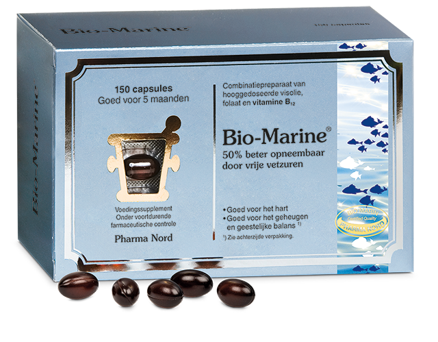 Pharma Nord Bio Marine 150 capsules of omega-3 fatty acids in a white bottle with blue label, showing capsules inside
