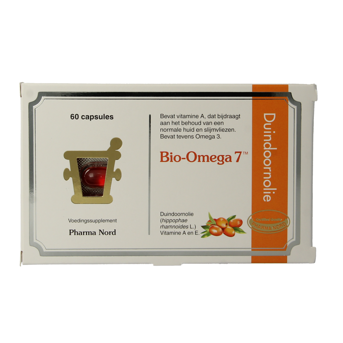 Pharma Nord Bio Omega 7 Vetzuren capsules, 60-count, softgel supplement with omega-7 fatty acids for skin and health.