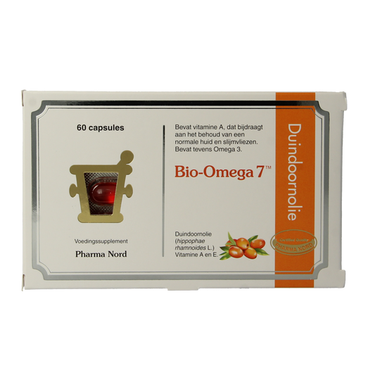 Pharma Nord Bio Omega 7 Vetzuren capsules, 60-count, softgel supplement with omega-7 fatty acids for skin and health.