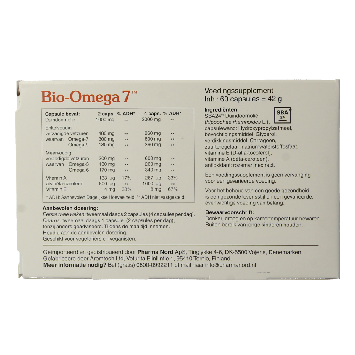 Pharma Nord Bio Omega 7 Vetzuren capsules, 60-count, close-up of the supplement bottle with capsules inside.