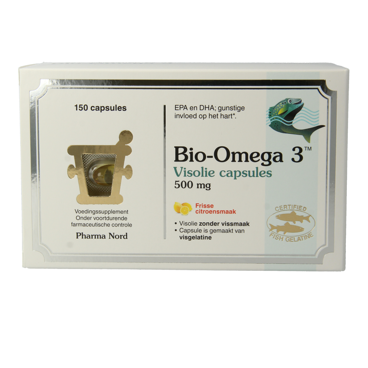 Pharma Nord Bio Omega 3 fish oil capsules showing the bottle and capsules in a natural setting