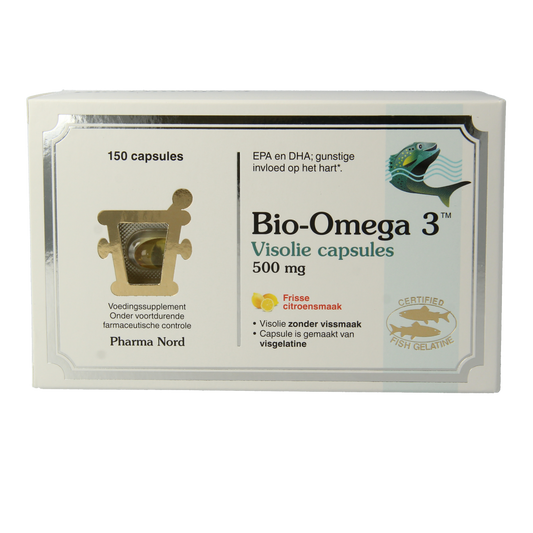 Pharma Nord Bio Omega 3 fish oil capsules showing the bottle and capsules in a natural setting