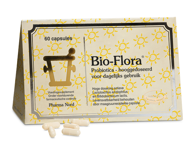 Pharma Nord Bio Flora capsules containing micro-organisms, dietary supplement in a transparent bottle with a white label.