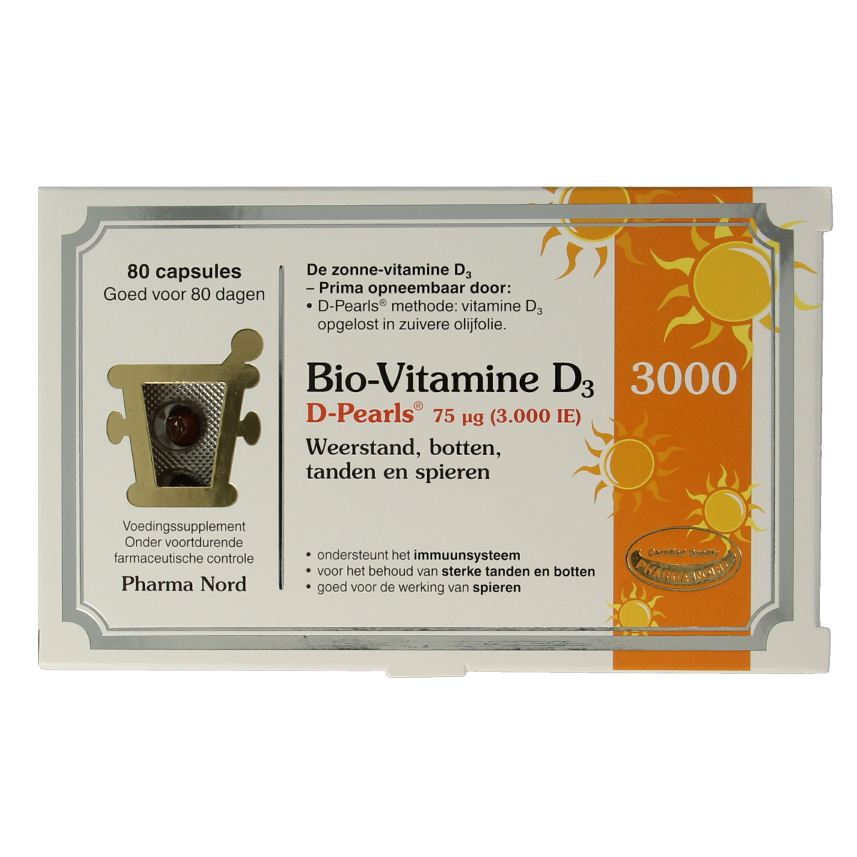 Pharma Nord Bio Vitamin D3 75mcg 3000IU capsules, natural supplement in a yellow bottle with capsules inside.