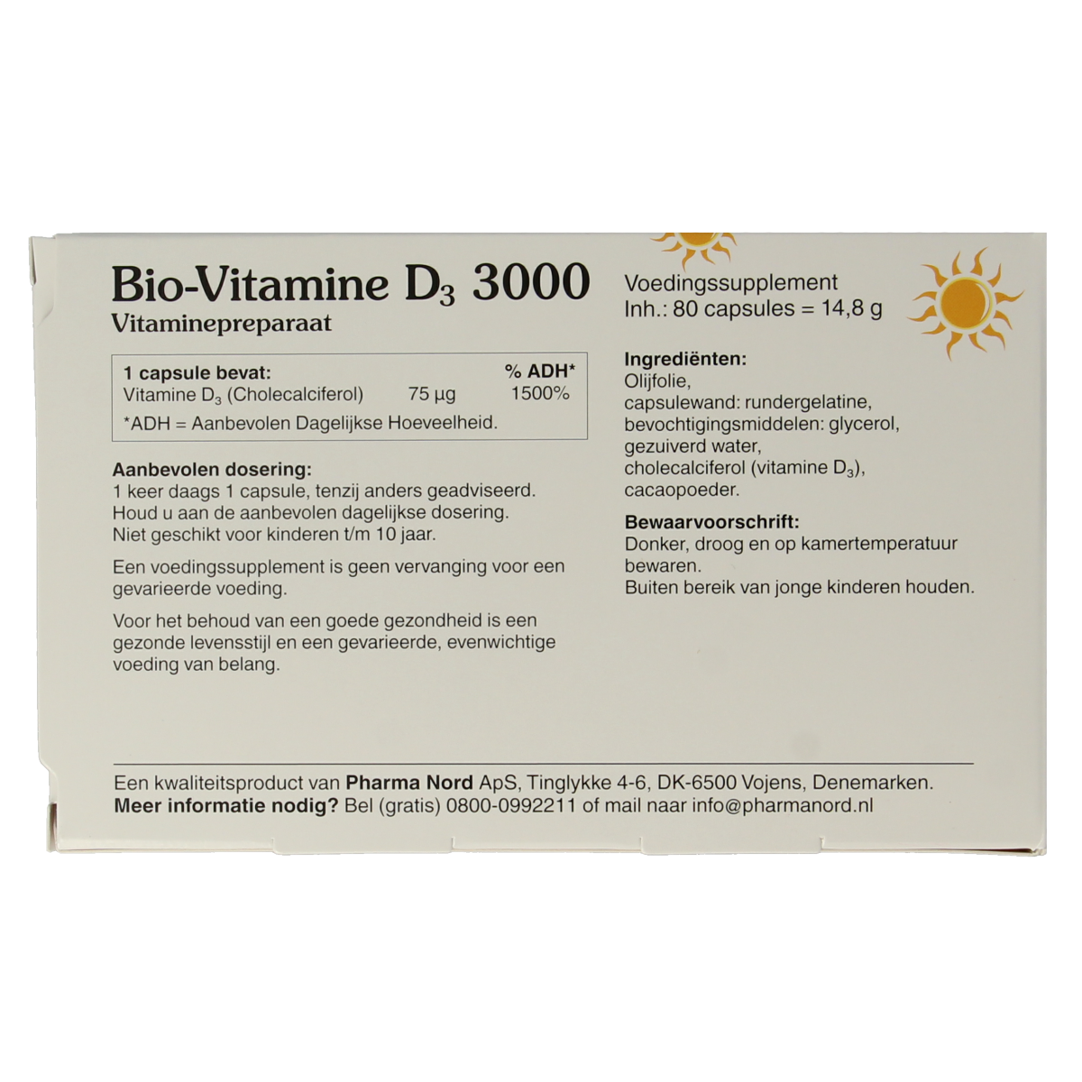 Pharma Nord Bio Vitamin D3 75mcg (3000 IU) capsules, dietary supplement, close-up of the bottle and capsules.