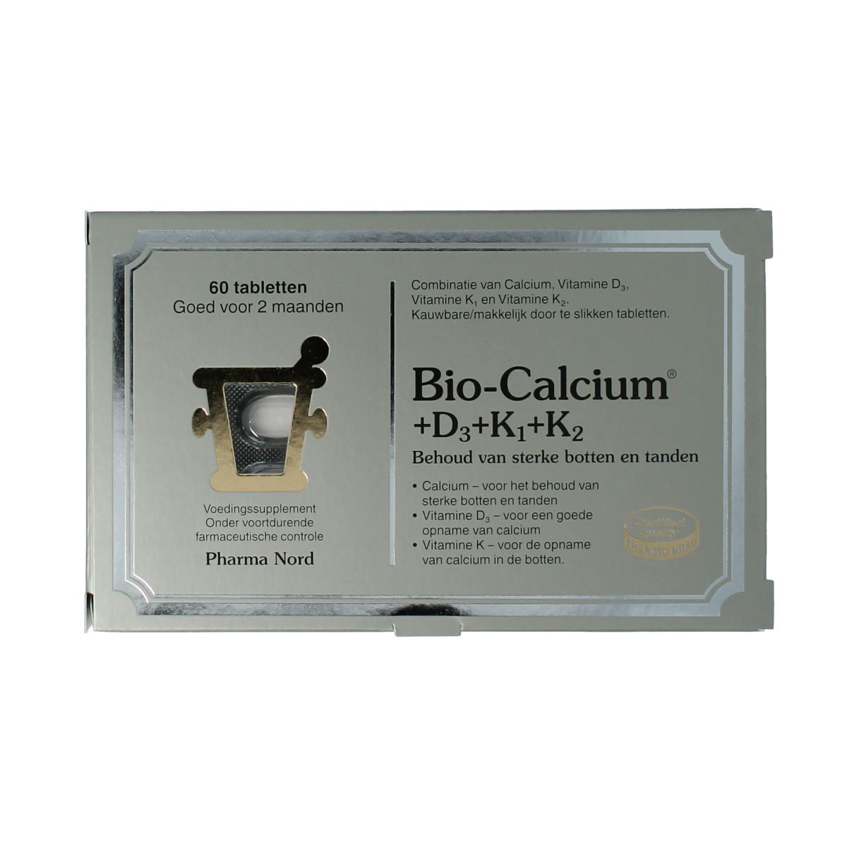 Pharma Nord Bio Calcium with D3, K1, and K2 tablets, showing a container with 60 multi-vitamin tablets.