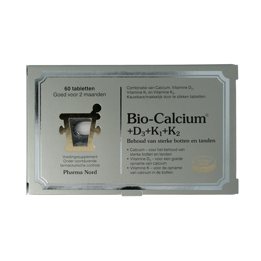 Pharma Nord Bio Calcium with D3, K1, and K2 tablets, showing a container with 60 multi-vitamin tablets.