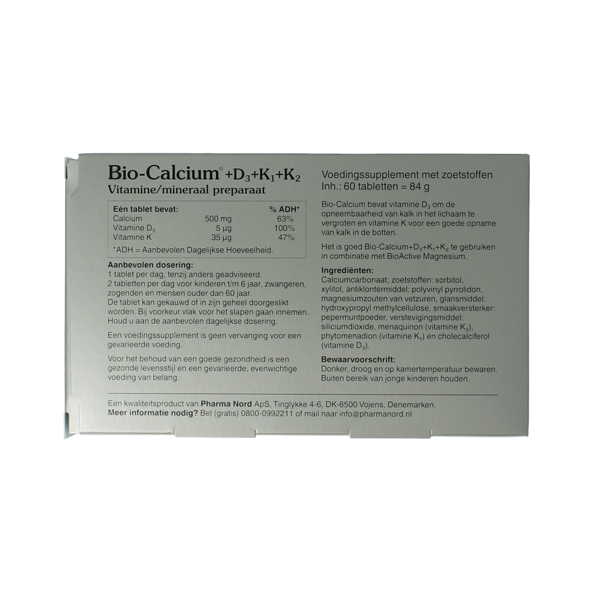 Pharma Nord Bio Calcium with D3, K1, and K2 tablets, dietary supplement for bone health, shown in a bottle.