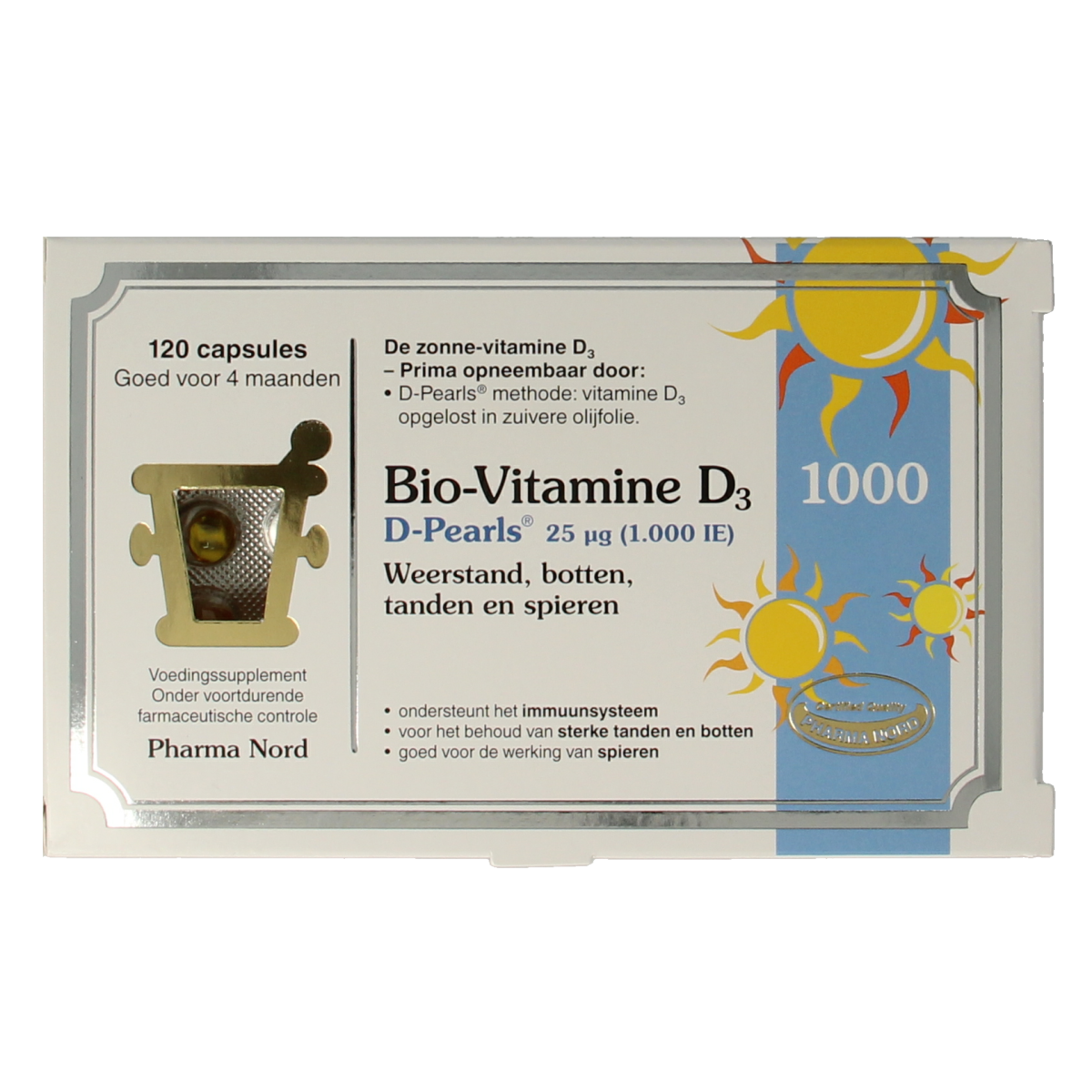 Pharma Nord Bio Vitamin D3 25mcg (1000 IU) capsules, dietary supplement with 120 capsules in a bottle.