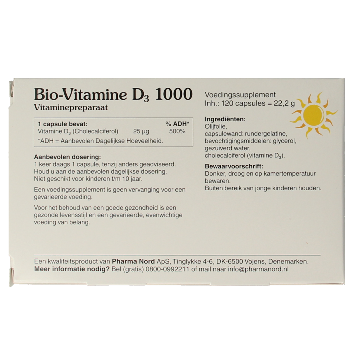 Pharma Nord Bio vitamine D3 25mcg (1000 IU) capsules, dietary supplement, with 120 capsules visible in the image.