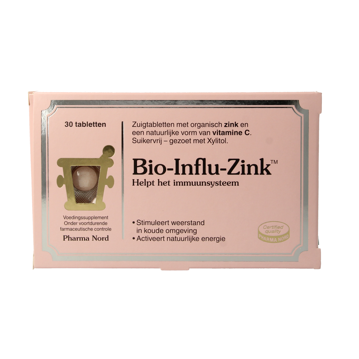 Pharma Nord Bio influ zink mineral supplement tablets, showing a bottle with 30 zinc and mineral tablets inside.