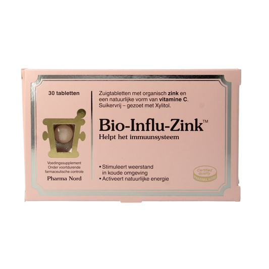 Pharma Nord Bio influ zink mineral supplement tablets, showing a bottle with 30 zinc and mineral tablets inside.