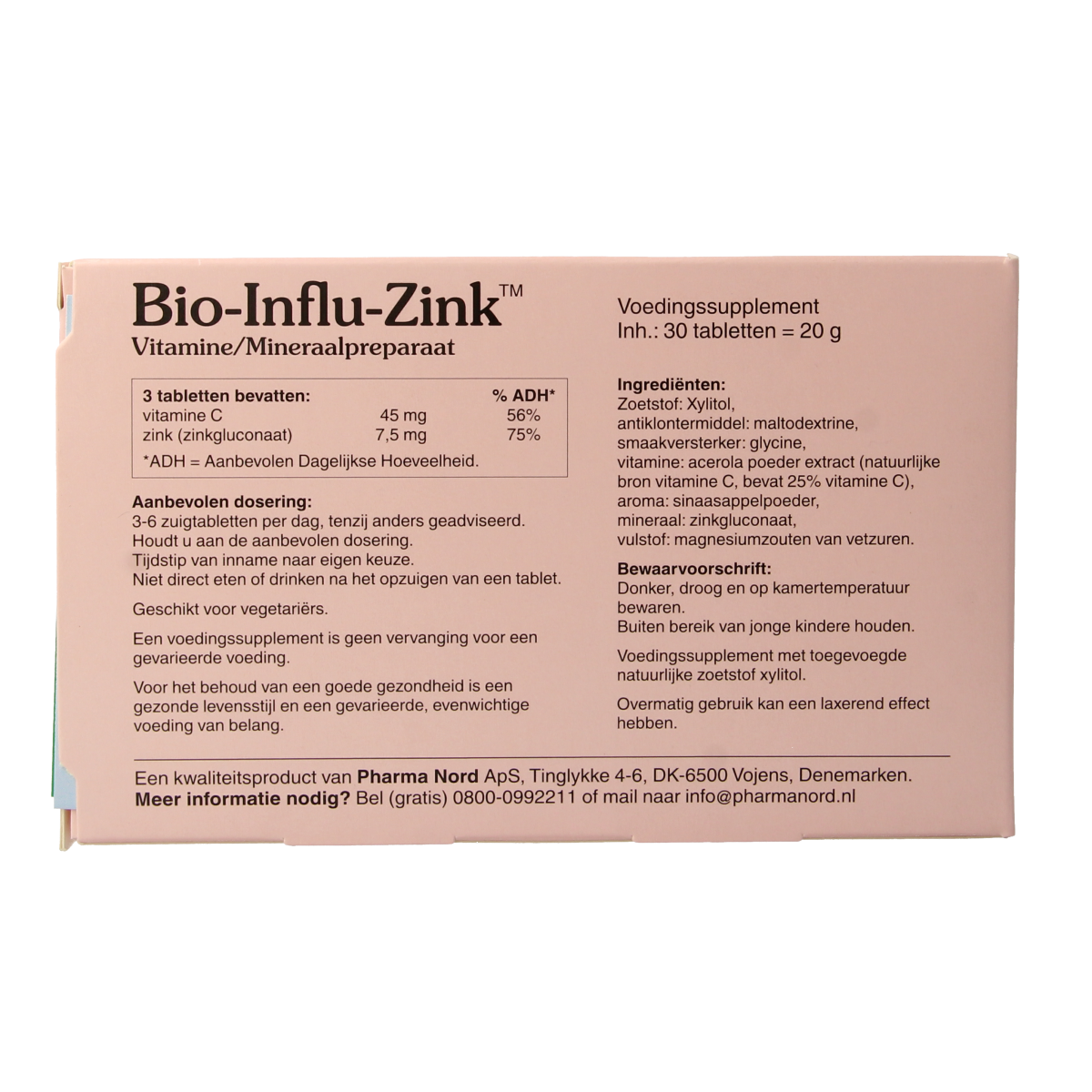 Pharma Nord Bio influ zink mineral supplement tablets showing a close-up of the zinc supplement bottle and tablets inside