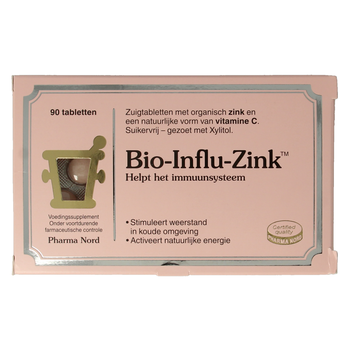 Pharma Nord Bio influ zink mineral tablets, showing a bottle with 90 zinc supplement tablets in a clear container.