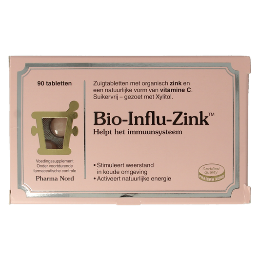 Pharma Nord Bio influ zink mineral tablets, showing a bottle with 90 zinc supplement tablets in a clear container.