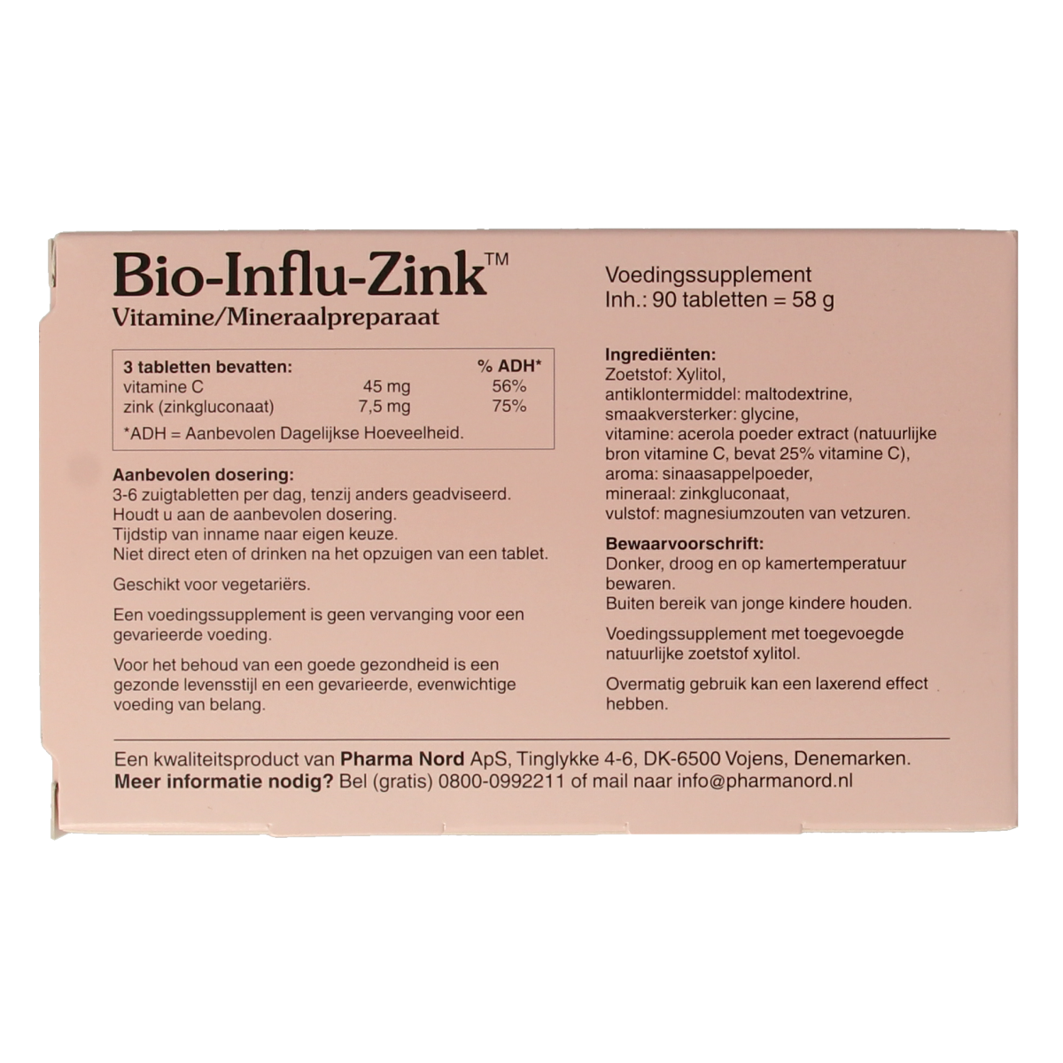 Pharma Nord Bio influ Zink mineral tablets, 90 count, showing the supplement packaging and zinc tablets on a white background.
