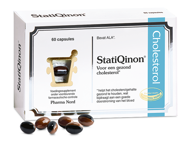 Pharma Nord StatiQinon 60 capsules, herbal supplement in a white bottle with a label, displayed on a plain background.