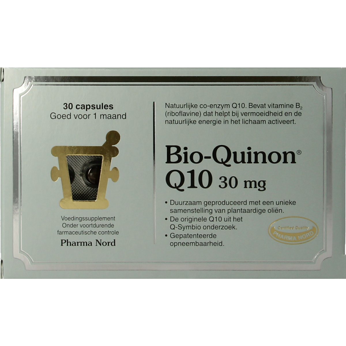 Pharma Nord Bio Quinon Q10 30mg capsules, dietary supplement with vitamin Q10, displayed in a bottle with capsules inside.