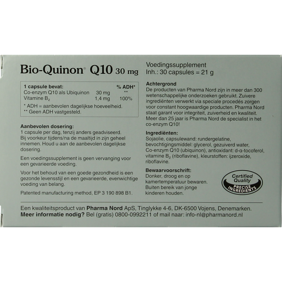 Pharma Nord Bio Quinon Q10 30mg capsules, dietary supplement with 30 capsules, featuring golden capsules and label with product details.