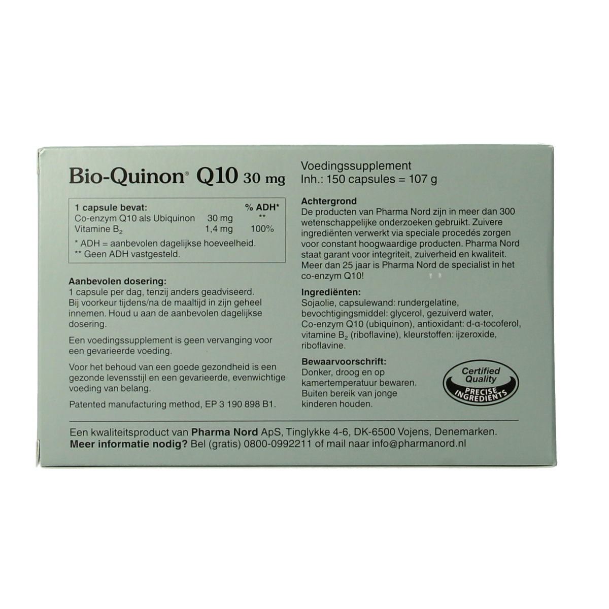 Pharma Nord Bio Quinon Q10 30mg vitamin capsules, 150-count, showing the supplement bottle with capsules inside.