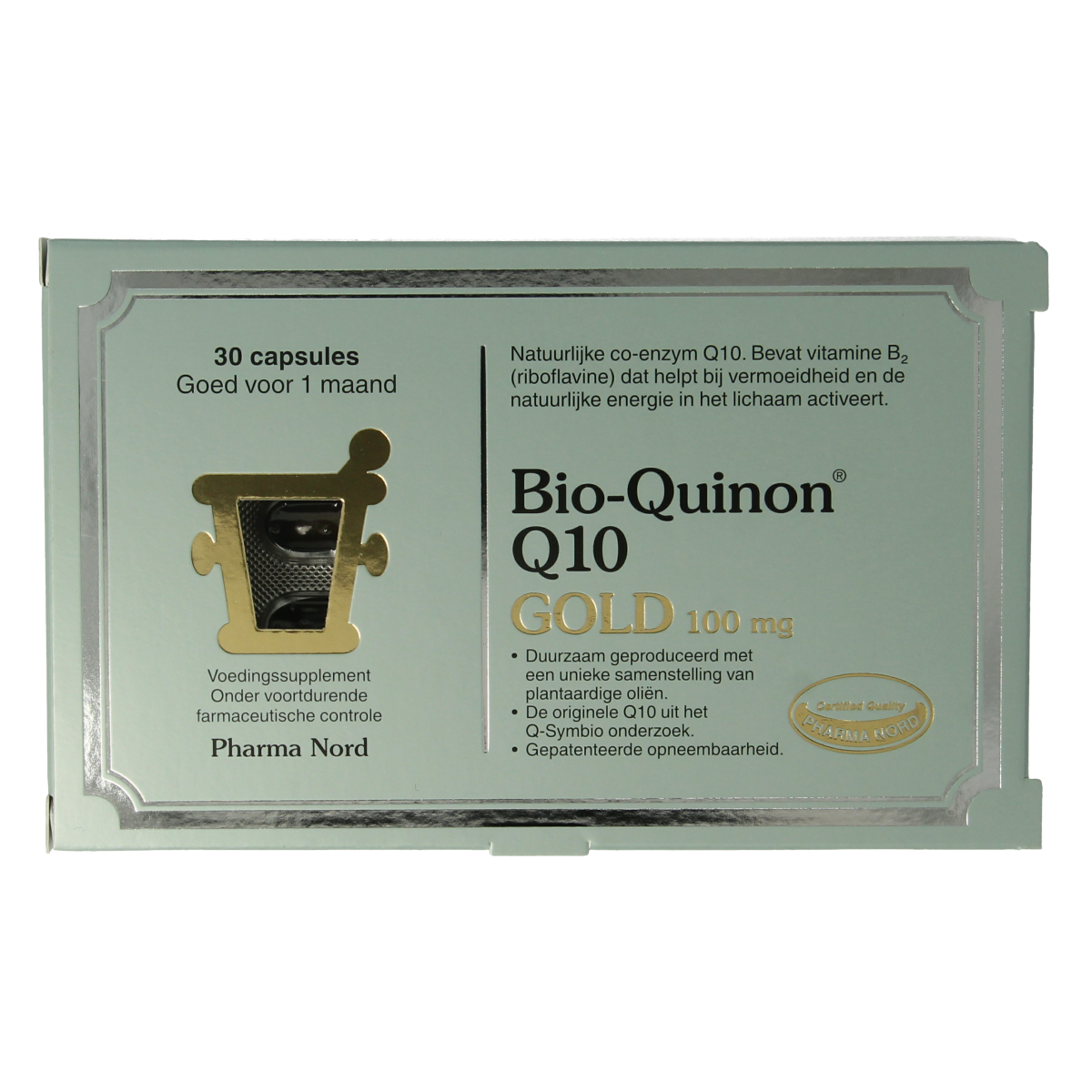 Pharma Nord Bio Qinon Q10 Gold 100mg capsules, dietary supplement with Coenzyme Q10 benefits, 30 softgel capsules.