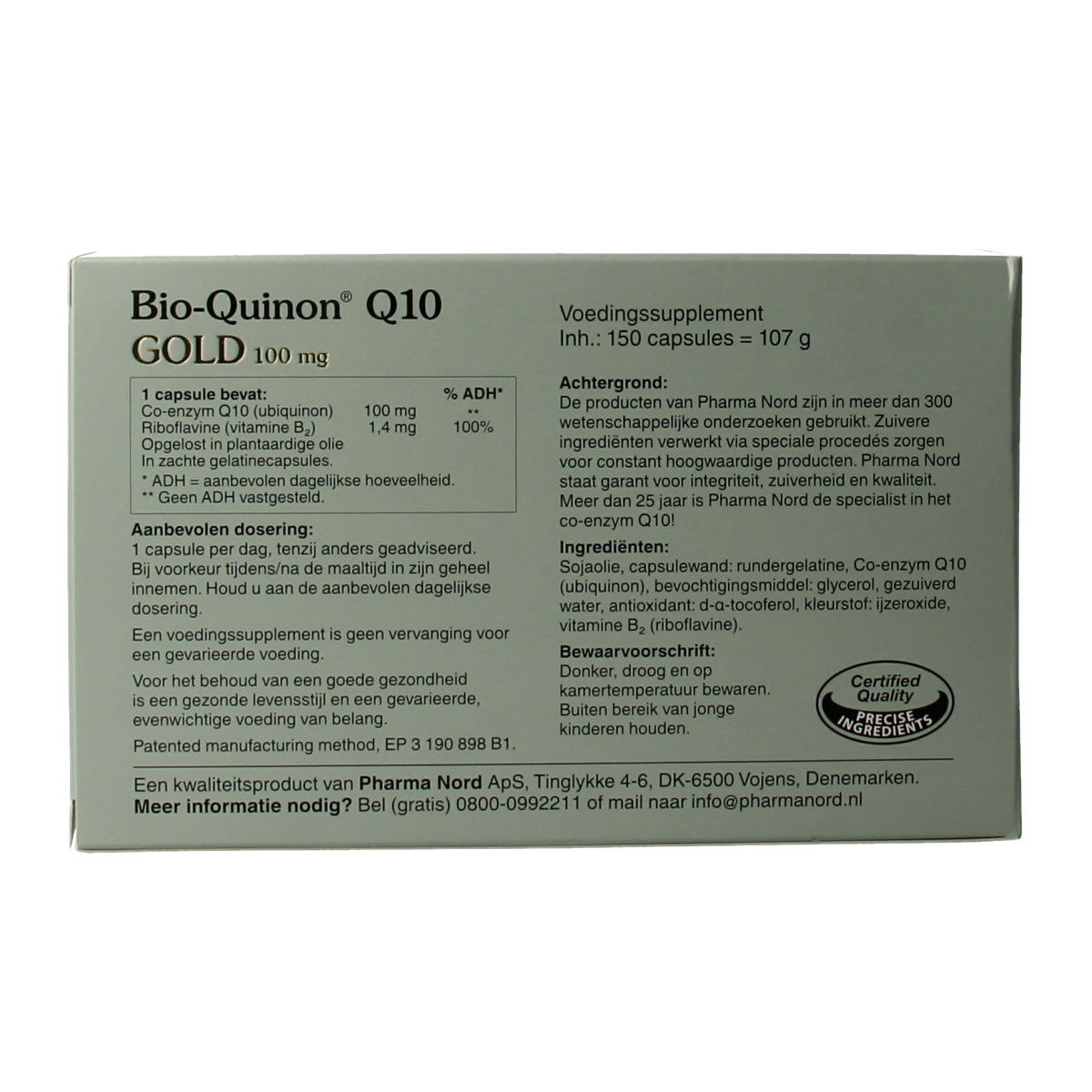 Pharma Nord Bio Quinon Q10 Gold 100 mg supplement capsules, natural view of the bottle with 150 capsules inside.