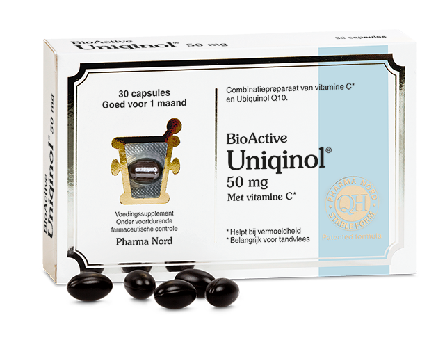 Pharma Nord Bio Active Uniquinol Q10 50mg capsules, dietary supplement with 30 softgel capsules for heart health and energy.