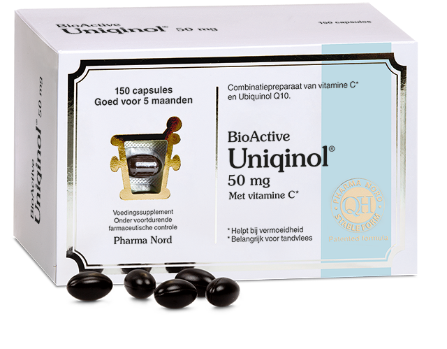 Pharma Nord Bio Active Uniquinol Q10 50mg capsules, vitamin supplement for energy and heart health, displayed in bottle.