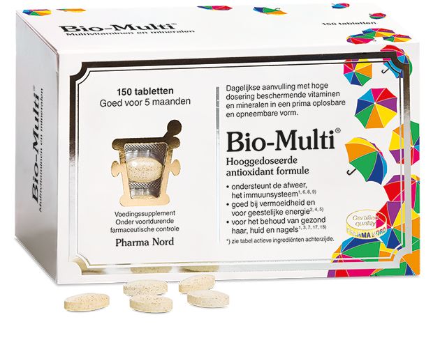 Pharma Nord Bio Multi 150 tablets vitamin supplement with colorful tablets in blister pack, daily multivitamin for health.