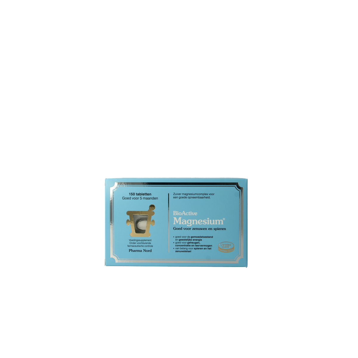 Pharma Nord BioActive Magnesium 150 mg tablets showing the bottle and labeled packaging with tablets inside.