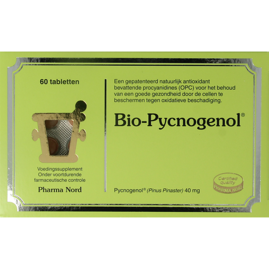 Pharma Nord Bio-Pycnogenol 60 tablets bottle, herbal supplement in blister pack, with label showing product details.