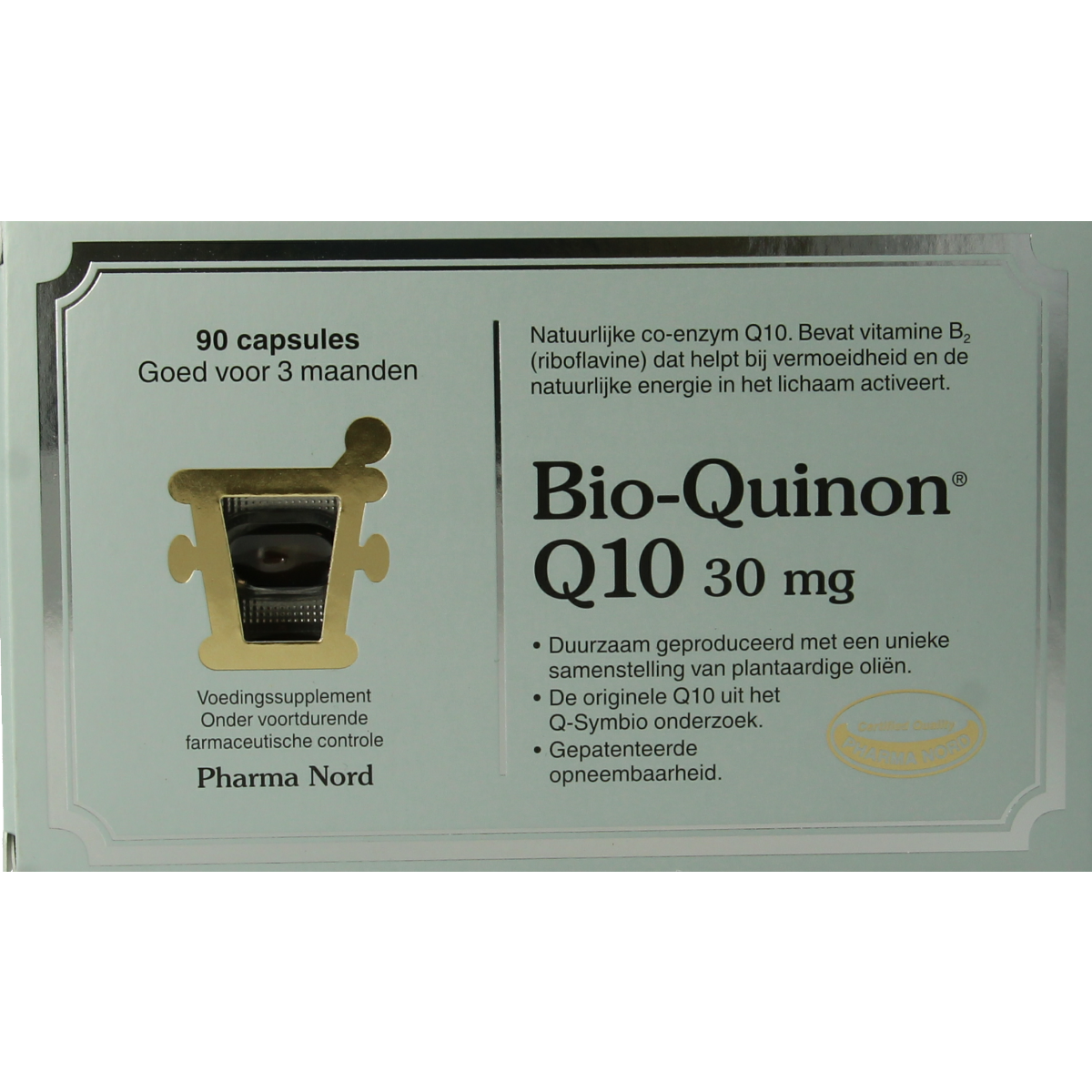 Pharma Nord Bio Quinon Q10 30mg vitamin capsules, 90-count, showing white capsule bottles with label details.