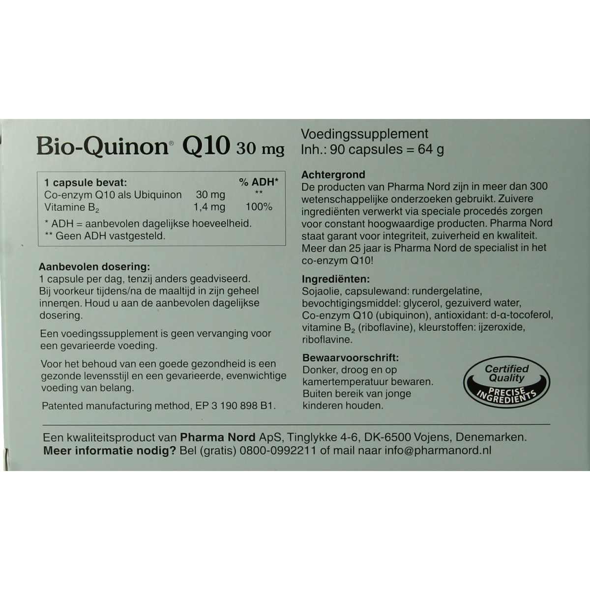 Pharma Nord Bio Quinon Q10 30mg vitamin capsules, 90-count, with white and blue capsule images.
