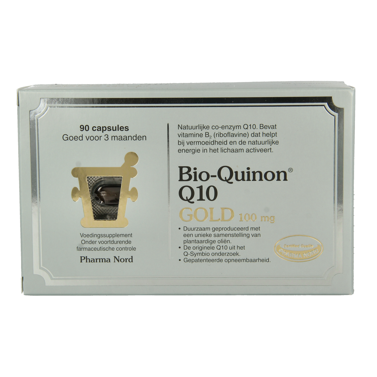 Pharma Nord Bio Q10 Gold 100mg capsules, vitamin supplement in a blister pack with 90 capsules for heart and energy support