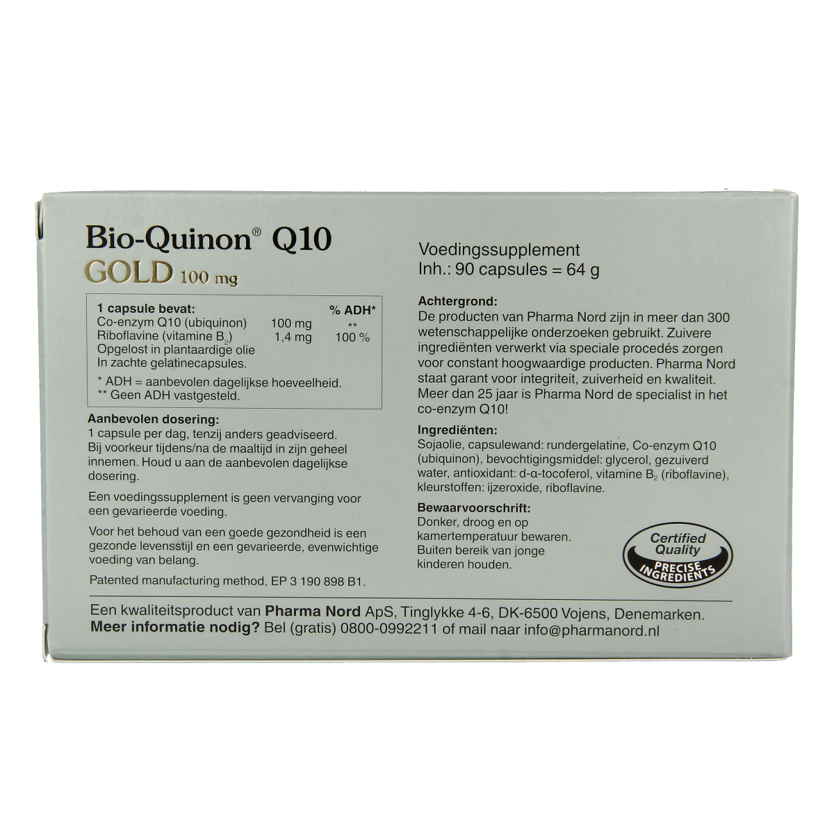 Pharma Nord Bio Quinon Q10 Gold 100mg capsules, natural supplement for energy support, shown in a clear bottle.