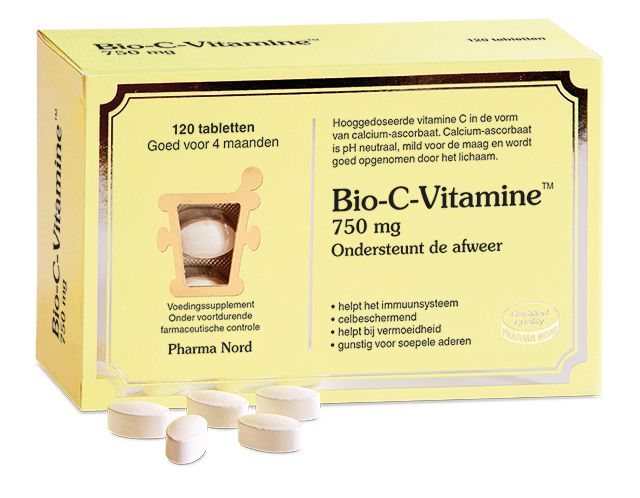 Pharma Nord Bio C vitamin tablets, 120 count, showing a close-up of the orange tablets in a blister pack.