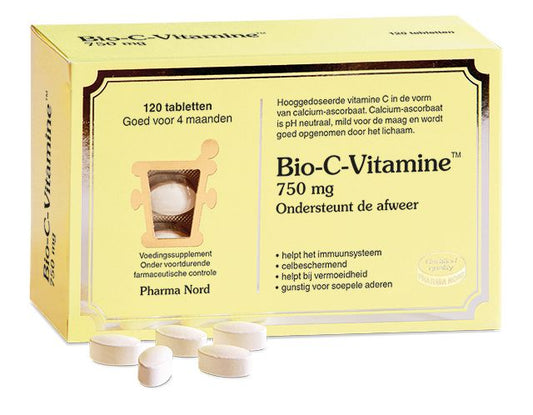 Pharma Nord Bio C vitamin tablets, 120 count, showing a close-up of the orange tablets in a blister pack.
