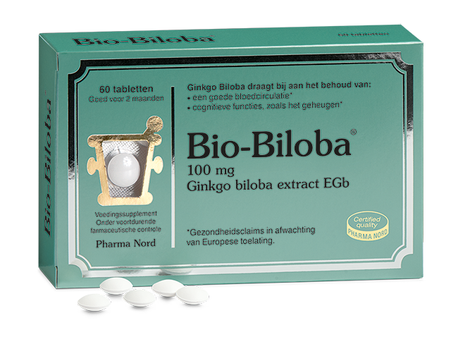 Pharma Nord Bio Biloba 60 tablets in a blister pack, herbal supplement for cognitive support and circulation.