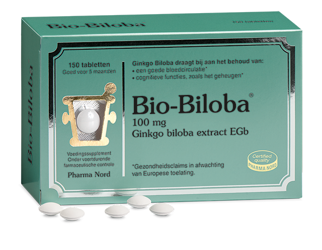 Pharma Nord Bio Biloba 150 mg herbal supplement tablets in blister pack, used for cognitive support and circulation health.
