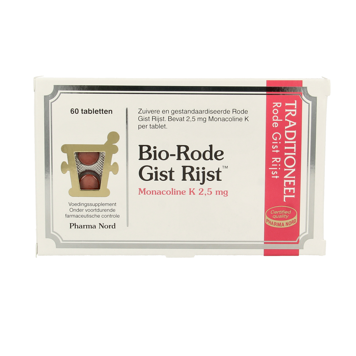 Pharma Nord Bio Rode Gist Rijst capsules in a bottle, herbal supplement packaging, showing the label and product details.