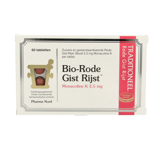 Pharma Nord Bio Rode Gist Rijst capsules in a bottle, herbal supplement packaging, showing the label and product details.