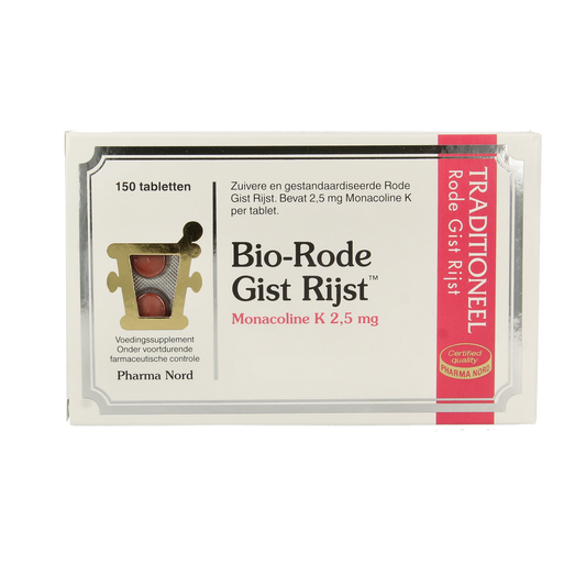 Pharma Nord Bio Rode Gist Rijst tablets, herbal supplement in a white bottle with tablets visible inside.